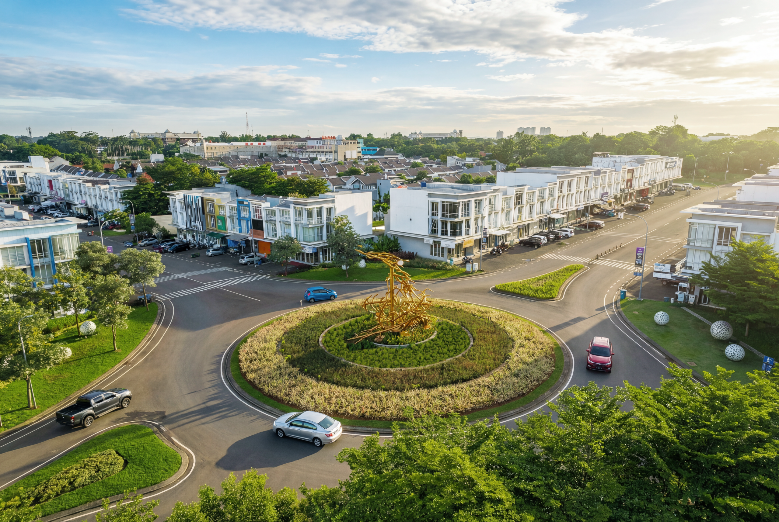 Aerial view of a circular roundabout with a central landscaped island and a golden sculpture, surrounded by white townhouses and green trees.