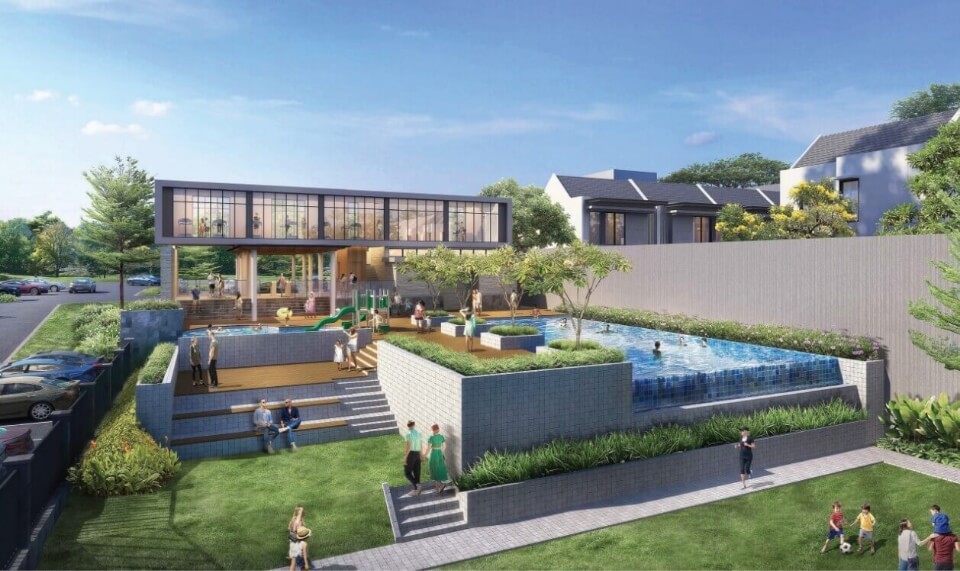 Modern residential complex with a two-story glass clubhouse overlooking a tiered pool and terrace where people relax and play.